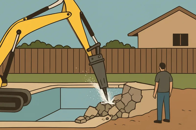 A hammer breaking a concrete pool wall with a fine water spray at the point of impact — concrete pool removal, Geelong. Illustrative example.