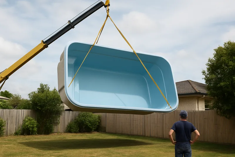 A one-piece fibreglass pool shell lifted by a crane above a backyard — fibreglass pool removal, Geelong. Illustrative example.