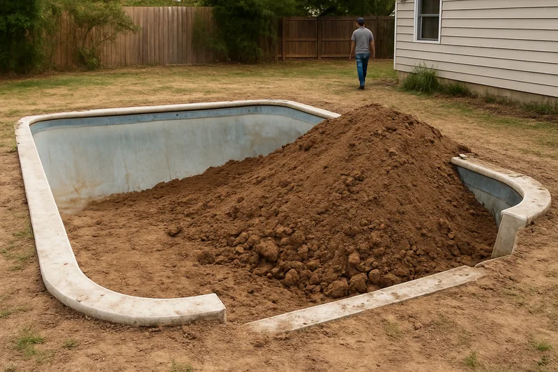 An in-ground pool with its top edge broken down and fill being tipped into the shell — pool fill-in, Geelong. Illustrative example.