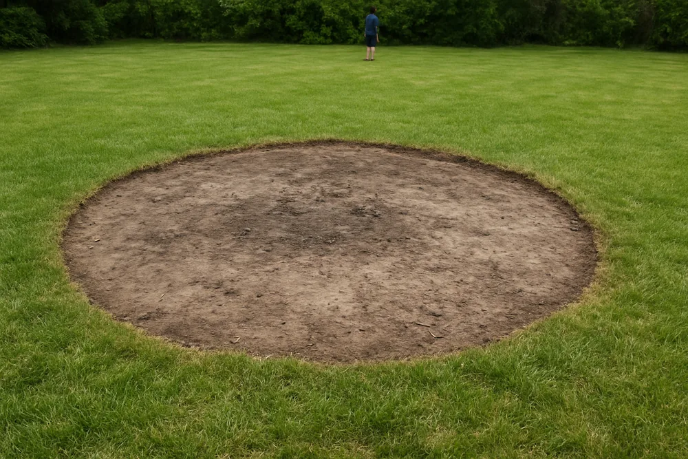 A flattened bare circle on a lawn where an above-ground pool stood — above-ground pool removal, Geelong. Illustrative example.