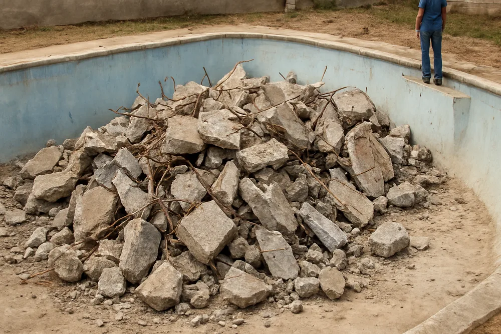 Broken concrete and rebar piled in the bottom of a half-demolished pool — concrete pool removal, Geelong. Illustrative example.