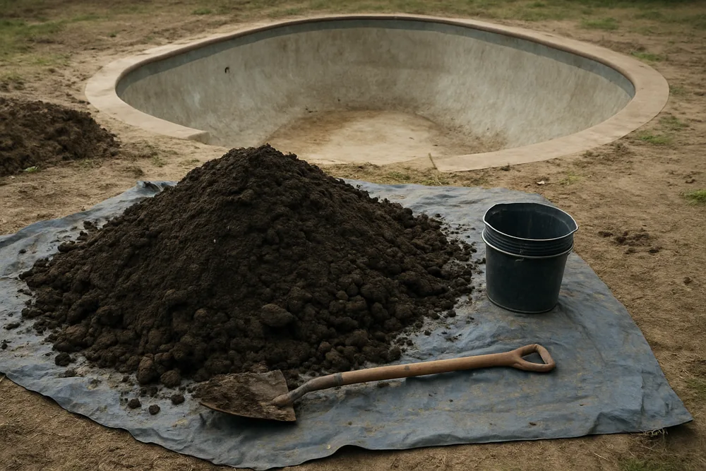 Dug spoil heaped on a plastic sheet beside an excavated pool shell, with a bucket and spade — concrete pool removal, Geelong. Illustrative example.