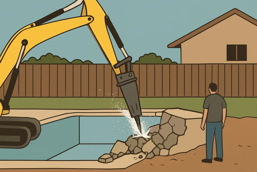 A hammer breaking a concrete pool wall with a fine water spray at the point of impact — concrete pool removal, Geelong. Illustrative example.