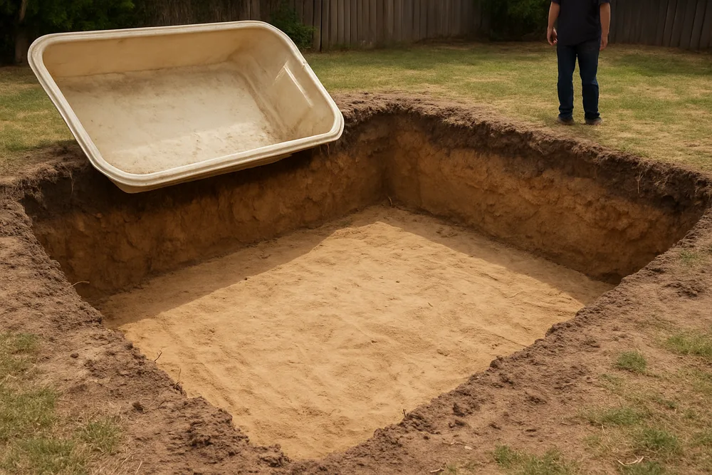 The empty hole left after a fibreglass pool shell was lifted out — fibreglass pool removal, Geelong. Illustrative example.