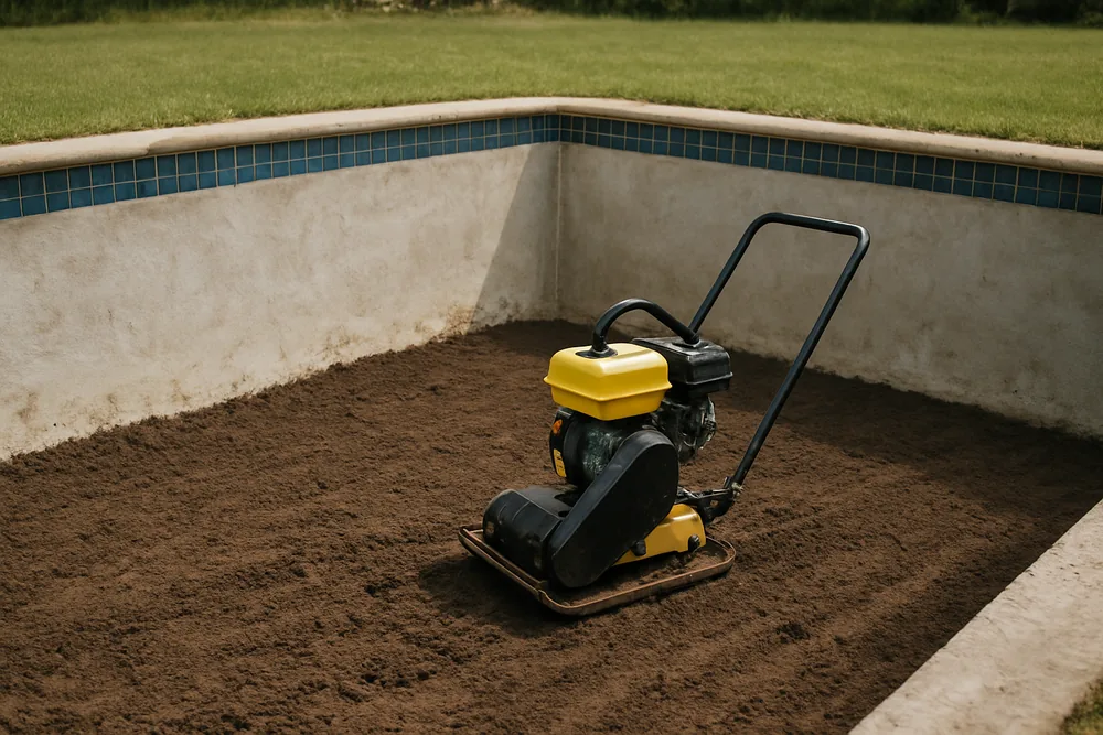 A plate compactor working on layered dark clay fill inside a part-filled pool shell — pool fill-in, Geelong. Illustrative example.