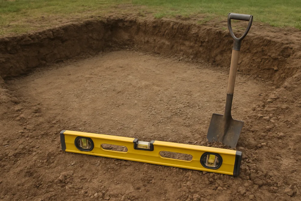 A spirit level resting across compacted fill in a former pool hole with a spade beside it — pool removal and the council, Geelong. Illustrative example.