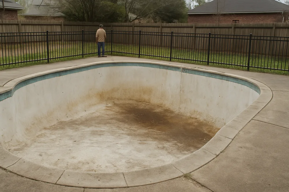 An empty in-ground pool with a stained floor and its pool fence still standing — pool removal, Geelong. Illustrative example.
