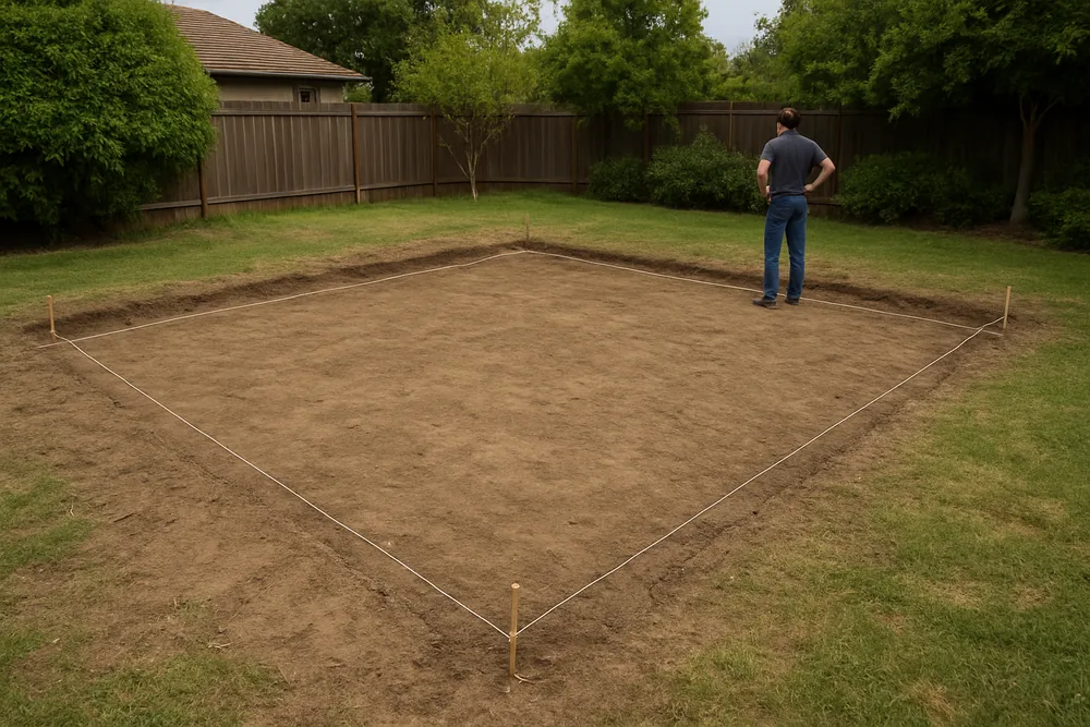 A flat low backyard with string lines and pegs marking the finished level where a pool was removed — pool removal, Geelong. Illustrative example.