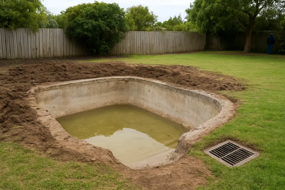 A half-filled pool hole in a flat backyard beside a small stormwater pit with a grate — pool removal, Geelong. Illustrative example.
