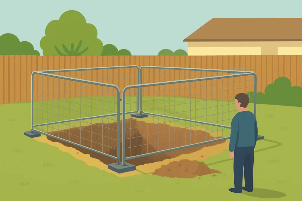 Temporary mesh fence panels around an open excavation in a backyard — pool removal, Geelong. Illustrative example.